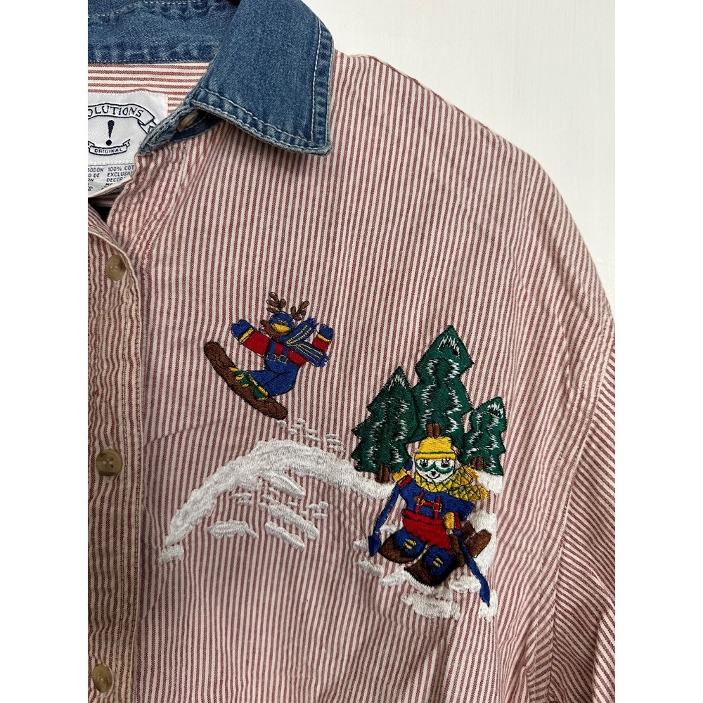 VTG Solutions Original Size M Striped Embroidered Skiing Animals Button Up Shirt - Picture 6 of 8